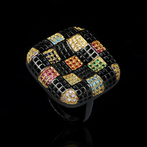 925 Silver Geometric Square Ring with Colorful Zircon Inlay