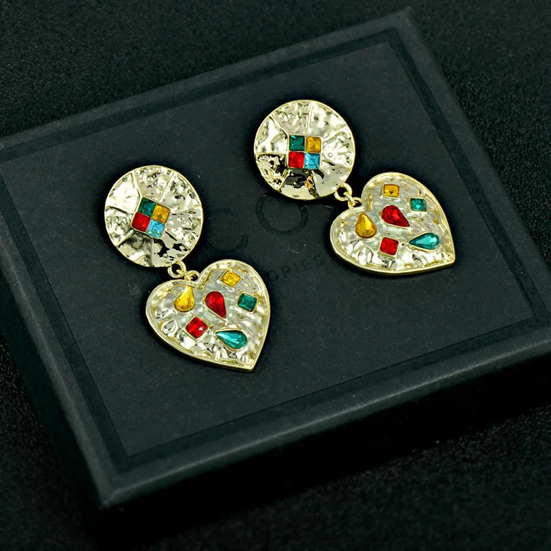 Exaggerated Love Crystal Metal Earrings Antique Style 925 Silver Needle