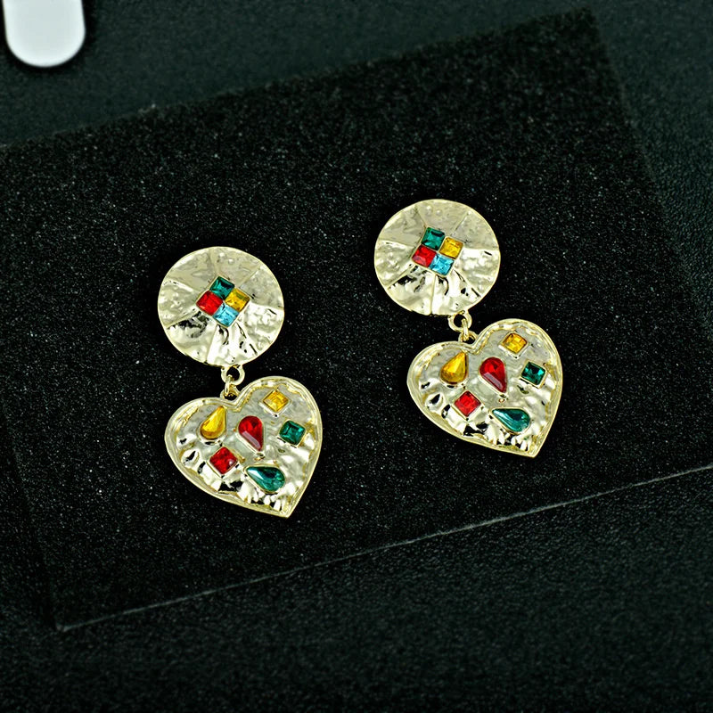 Exaggerated Love Crystal Metal Earrings Antique Style 925 Silver Needle