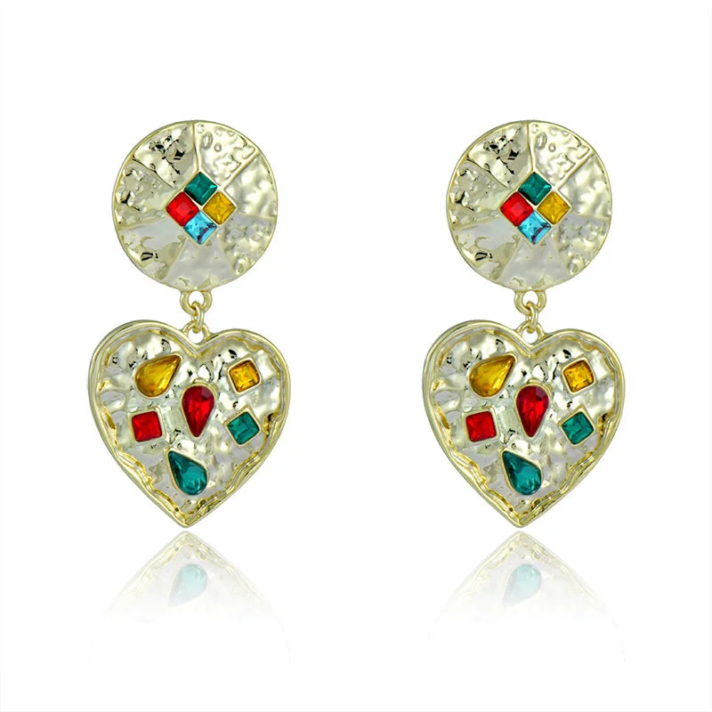 Exaggerated Love Crystal Metal Earrings Antique Style 925 Silver Needle