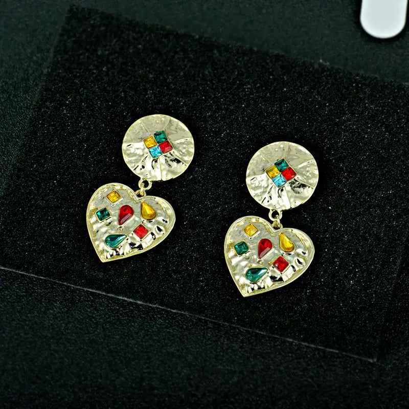 Exaggerated Love Crystal Metal Earrings Antique Style 925 Silver Needle