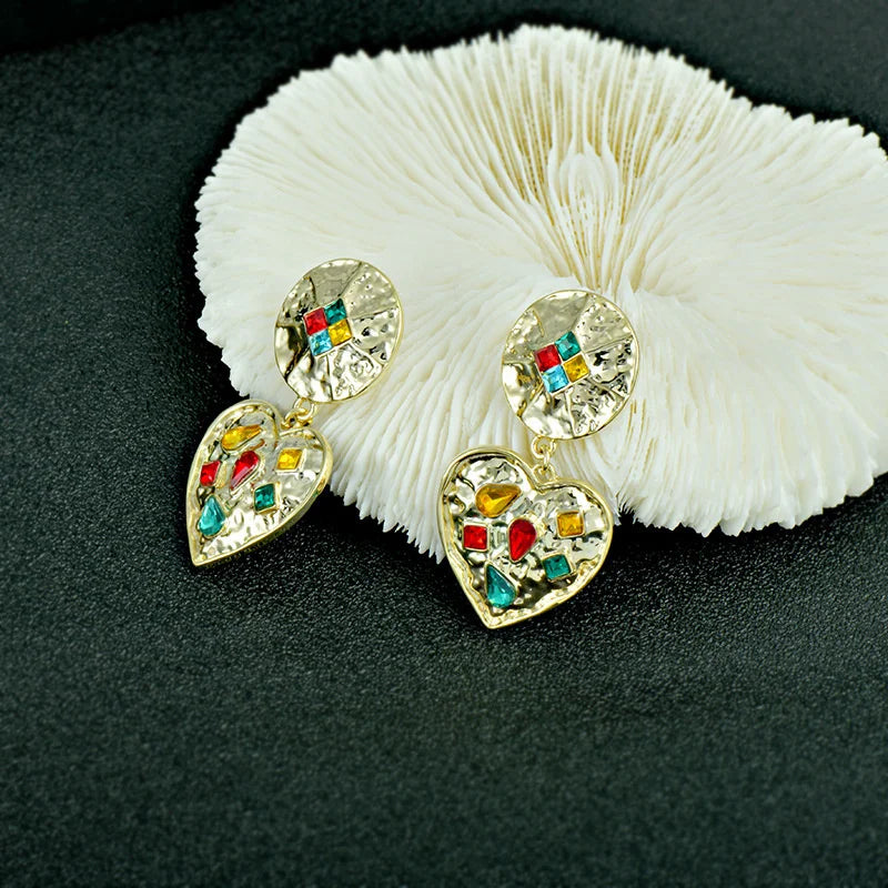 Exaggerated Love Crystal Metal Earrings Antique Style 925 Silver Needle