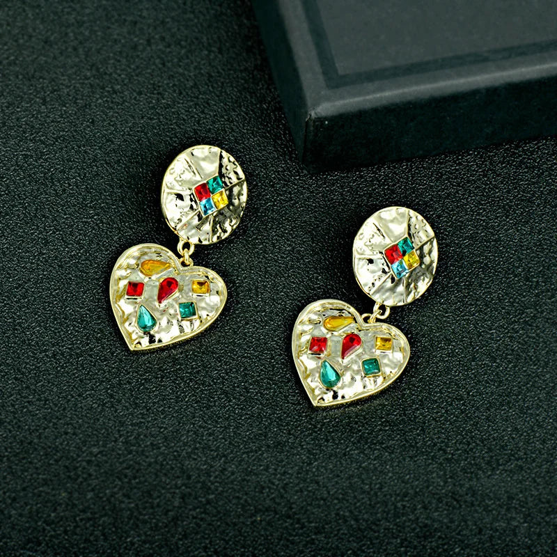 Exaggerated Love Crystal Metal Earrings Antique Style 925 Silver Needle