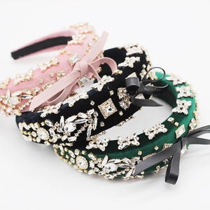 Baroque Rhinestone Bow Headband Flannel Thick Sponge Hairband