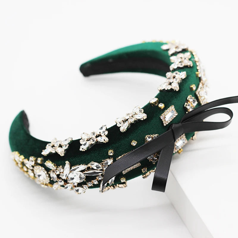 Baroque Rhinestone Bow Headband Flannel Thick Sponge Hairband
