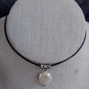 Genuine South Sea Coin Pearl Pendant Leather Necklace 18in