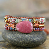 3 Strands Leather Wrap Bracelet with Natural Stone Bohemian Beads