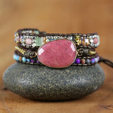3 Strands Leather Wrap Bracelet with Natural Stone Bohemian Beads