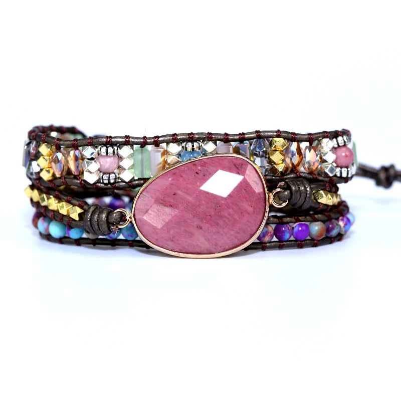 3 Strands Leather Wrap Bracelet with Natural Stone Bohemian Beads