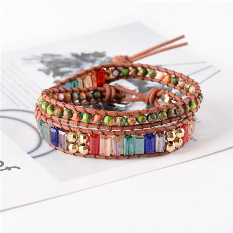 Natural Stone Bead Crystal Leather Bracelet Wrap HandWork Drop