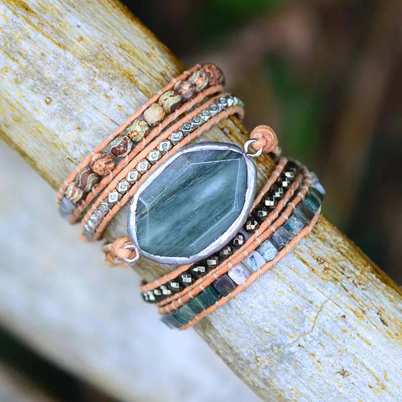5 Strands Leather Wrap Bracelet Femme Bangles Natural Stone