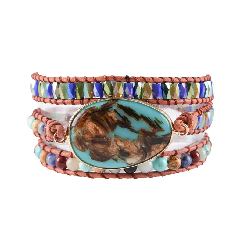 Women Wrap Bracelets Natural Stone 3-Layer Leather Cuff Bracelet