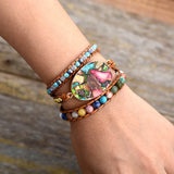 Women Wrap Bracelets Natural Stone Rhinestone 3 Layers Leather Cuff