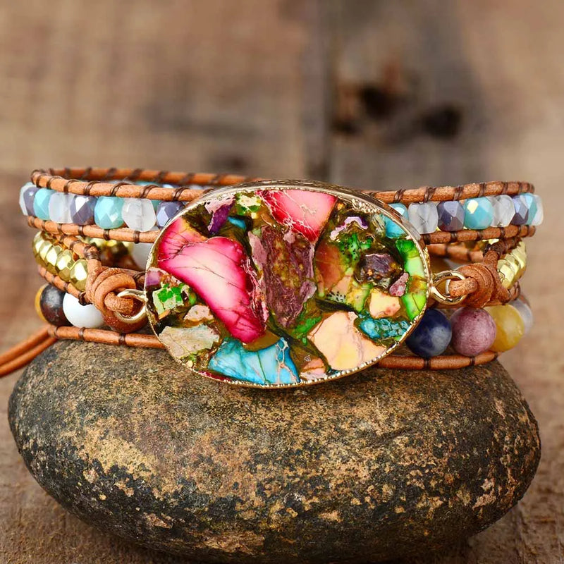 Women Wrap Bracelets Natural Stone Rhinestone 3 Layers Leather Cuff