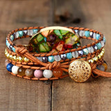 Women Wrap Bracelets Natural Stone Rhinestone 3 Layers Leather Cuff