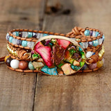 Women Wrap Bracelets Natural Stone Rhinestone 3 Layers Leather Cuff