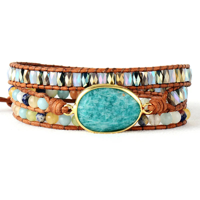 High End Amazonite Stone Leather Wrap Bracelet