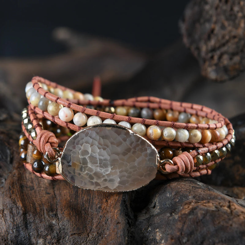 Natural Stone Rhinestone Leather Wrap Bracelet Femme