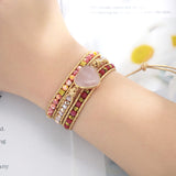 Natural Rose Quartz Stone Rhinestone Leather Wrap Bracelet