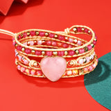 Natural Rose Quartz Stone Rhinestone Leather Wrap Bracelet