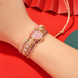 Natural Rose Quartz Stone Rhinestone Leather Wrap Bracelet