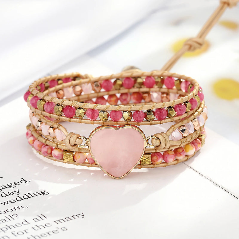 Natural Rose Quartz Stone Rhinestone Leather Wrap Bracelet