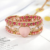 Natural Rose Quartz Stone Rhinestone Leather Wrap Bracelet