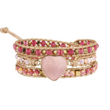 Natural Rose Quartz Stone Rhinestone Leather Wrap Bracelet