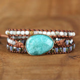 Amazonite Crystal Wrap Bracelet Leather Strap Multilayer Statement Jewelry