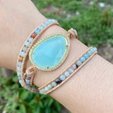 Natural Stone Crystal Leather Wrap Bracelet Cuff Bangle