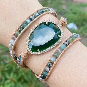 Natural Stone Crystal Leather Wrap Bracelet Cuff Bangle
