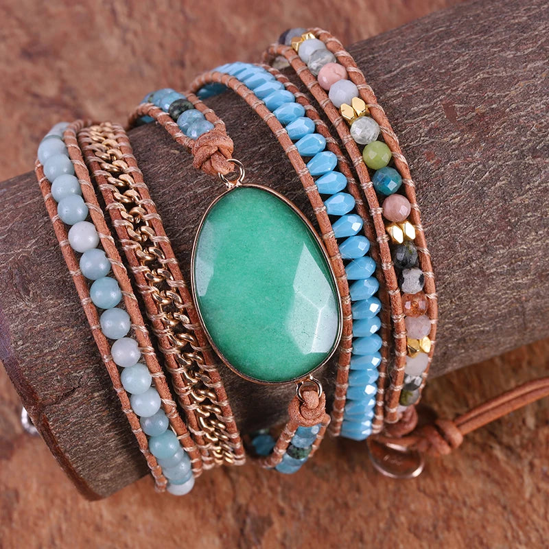 Natural Stone Crystal Leather Wrap Bracelet