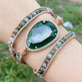 Natural Stone Crystal Leather Wrap Bracelet Cuff Bangle