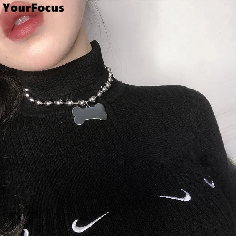 Harajuku Punk Rock Bone Choker Dog Tag Beads Colar Necklace