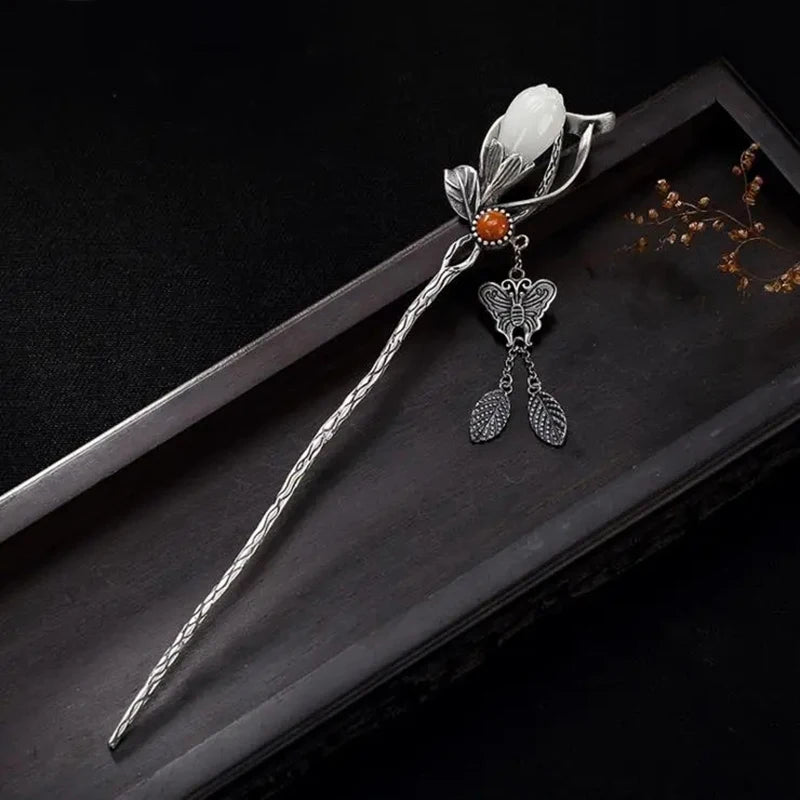 Magnolia Flower Hairpin Pendant Chinese Retro Charm Women's Silver Jewelry