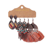 3 Pairs Vintage Drop Earrings Set Ethnic Boho Dangle Tassel Flower Jewelry
