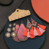3 Pairs Vintage Drop Earrings Set Ethnic Boho Dangle Tassel Flower Jewelry