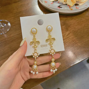 Baroque Big Cross Earrings For Women Pearl Wedding Drop Long Earrings