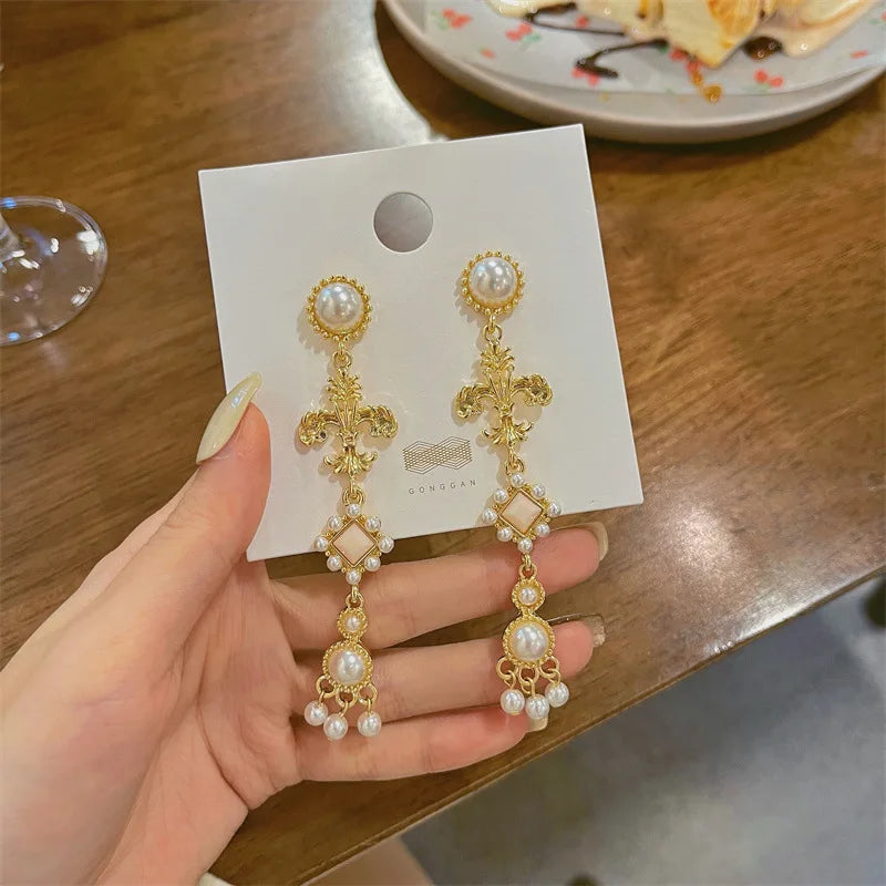 Baroque Big Cross Earrings For Women Pearl Wedding Drop Long Earrings