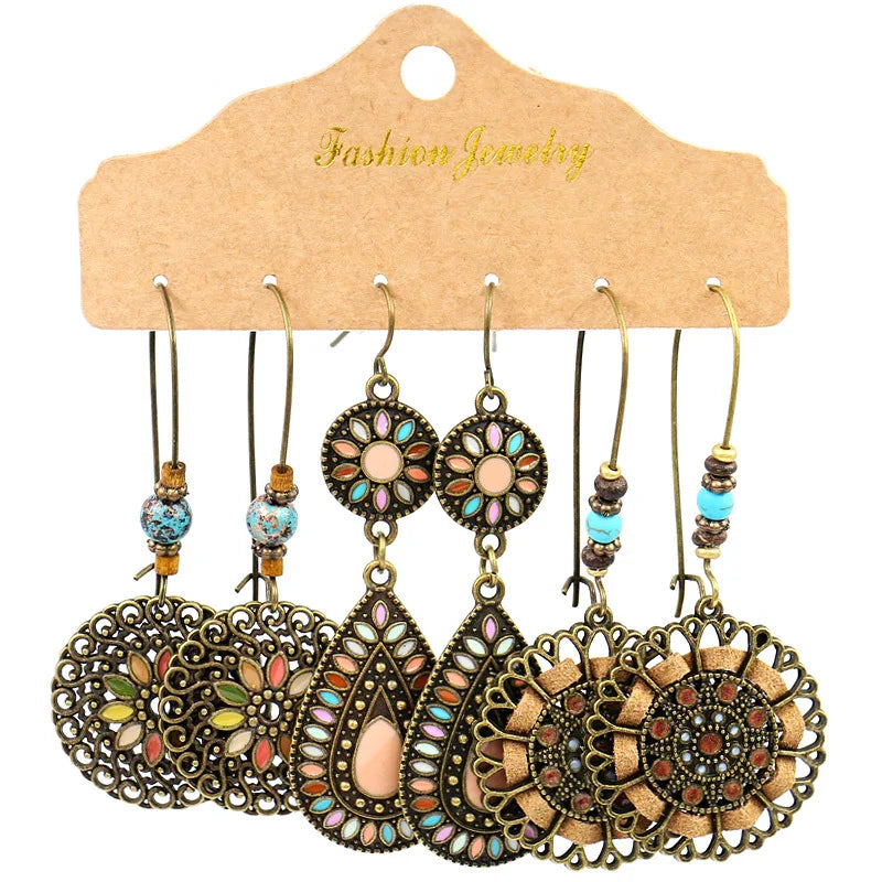 Boho Ethnic Feather Flower Earrings Vintage Jewelry Sets