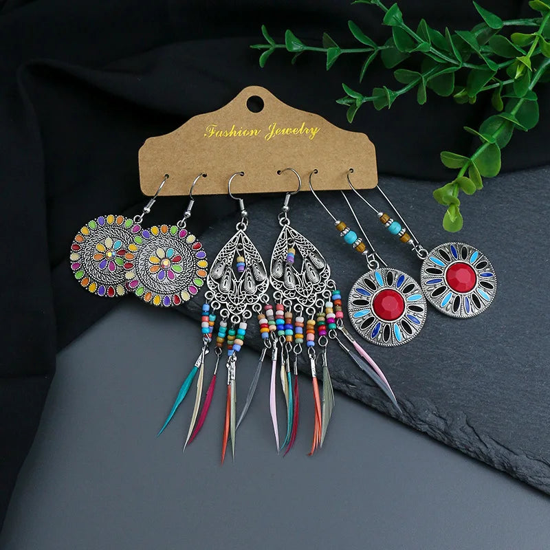 Boho Ethnic Feather Flower Earrings Vintage Jewelry Sets