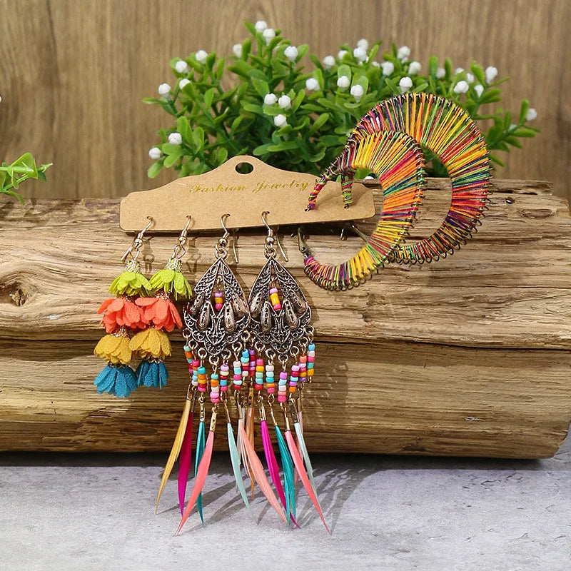 Boho Ethnic Feather Flower Earrings Vintage Jewelry Sets