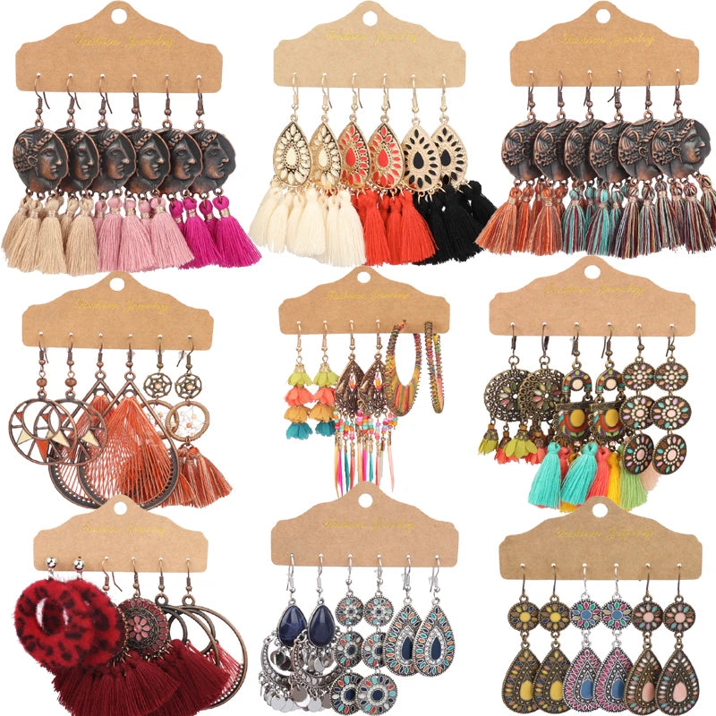 Boho Ethnic Feather Flower Earrings Vintage Jewelry Sets