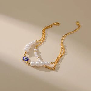 Exotic Charm 18K Plated Double Metal Chain Women Bracelet Round Pearls