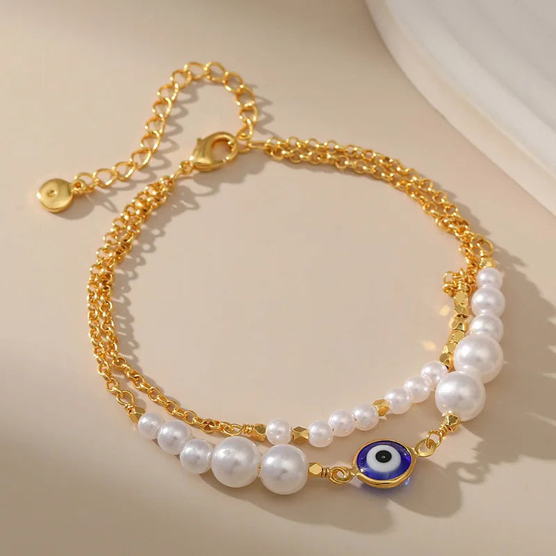 Exotic Charm 18K Plated Double Metal Chain Women Bracelet Round Pearls