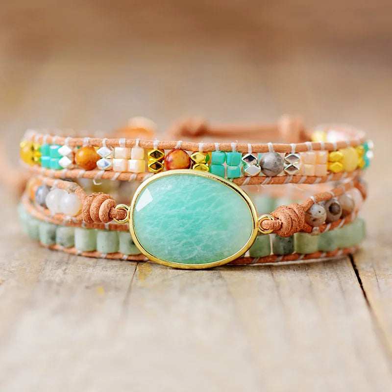 3 Strand Leather Wrap Bracelets with Natural Gems Stones Beaded Cord Braclet