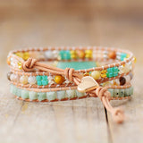 3 Strand Leather Wrap Bracelets with Natural Gems Stones Beaded Cord Braclet