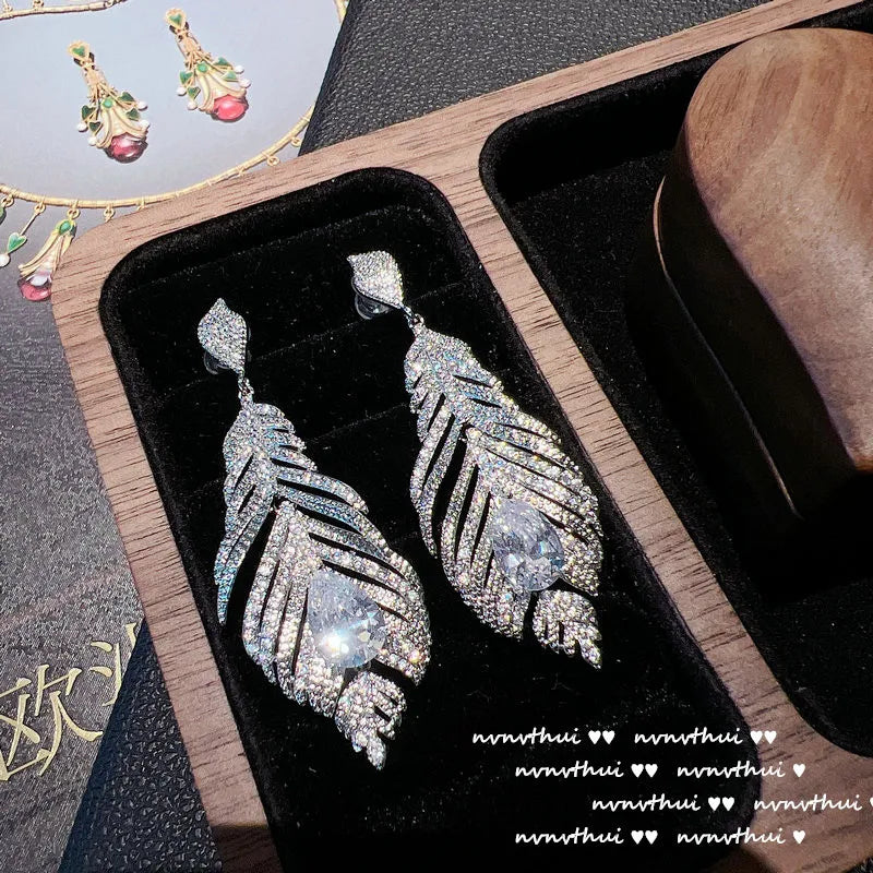 925 Silver Feather Earring Cubic Zirconia Dangler Jewelry