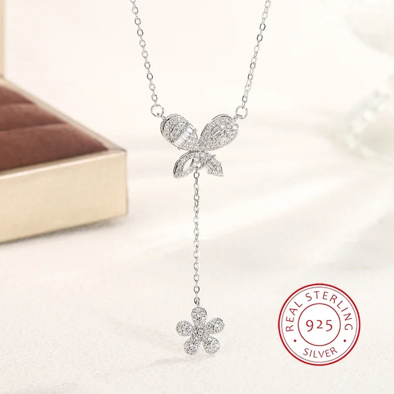 Butterfly Shape Tassel Flower 925 Silver Necklace Wedding Jewelry