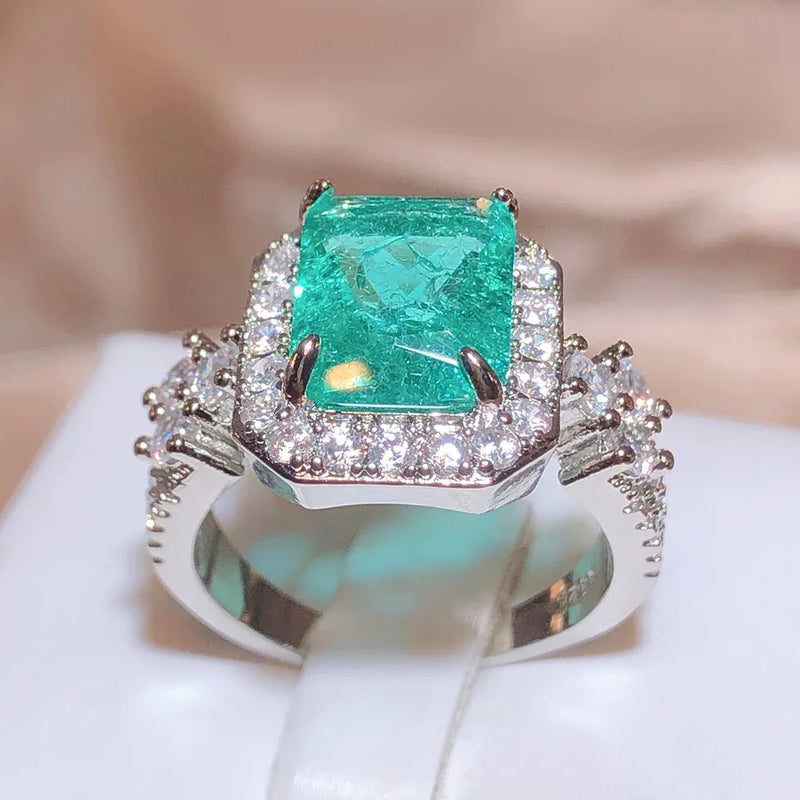 925 Silver Green Paraiba Ring Women Engagement Jewelry